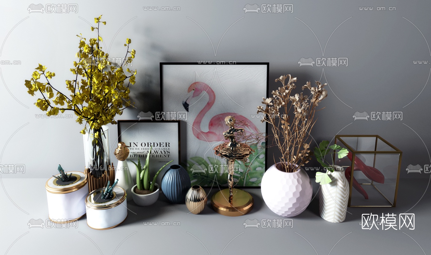 现代轻奢花瓶花卉挂画摆件3d模型