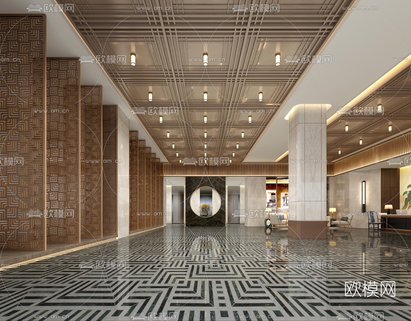 新中式酒店大堂前台3D模型-免费3dmax模型库-欧模网