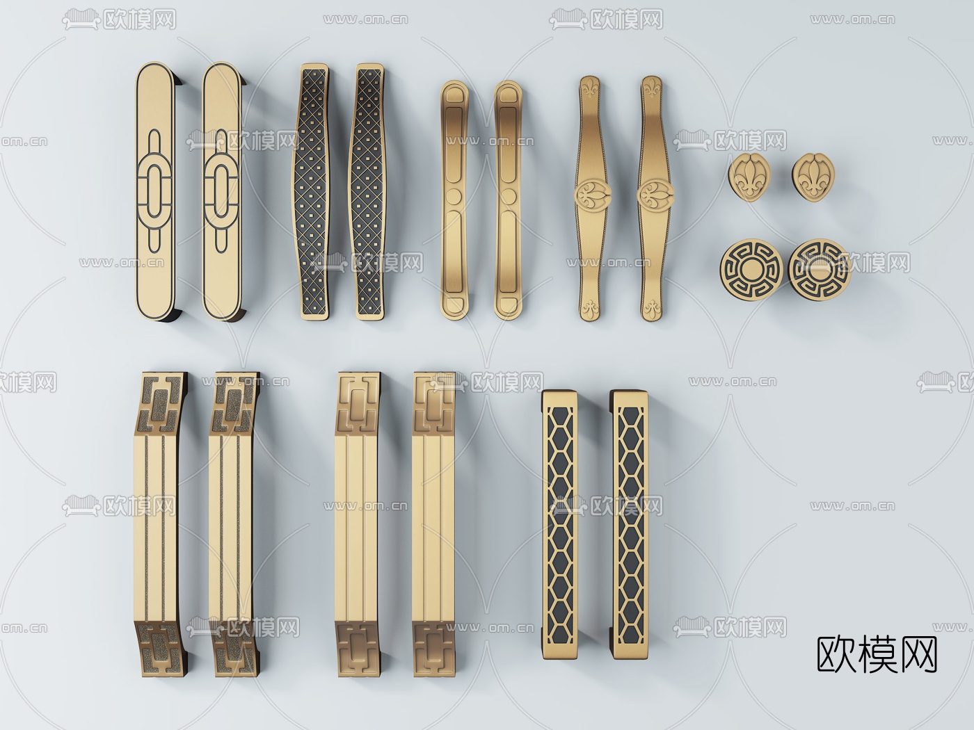 新中式金属拉手组合3D模型下载（渲染图1）