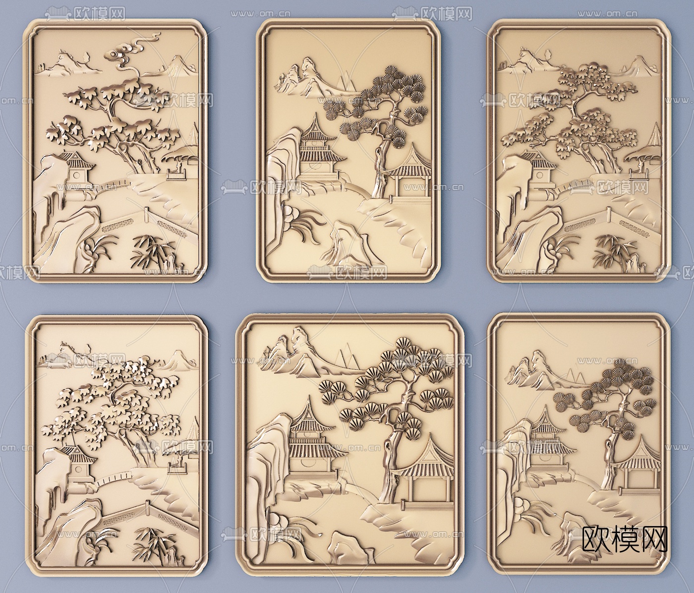 新中式轻奢浮雕雕刻挂画3d模型