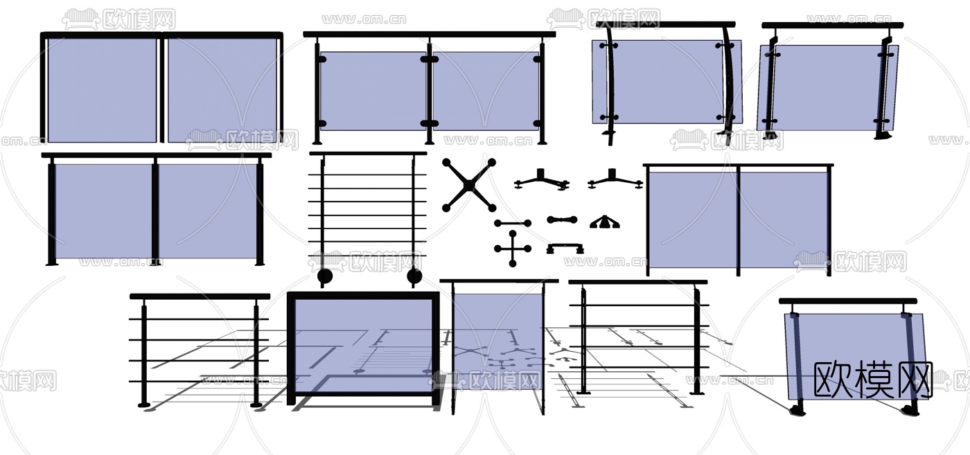 现代玻璃栏杆扶手su模型下载