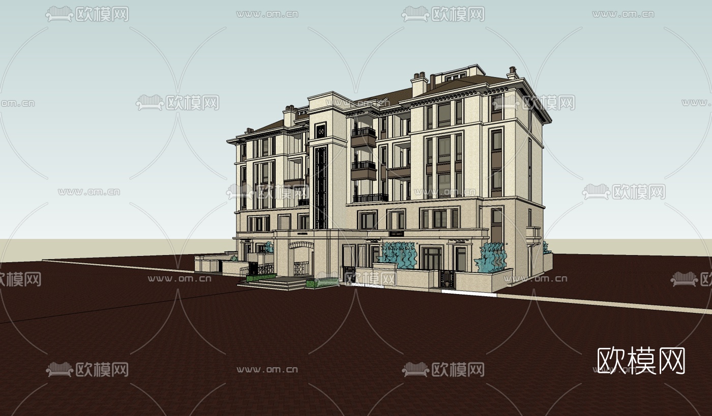 欧式多层公寓楼su模型下载（渲染图1）