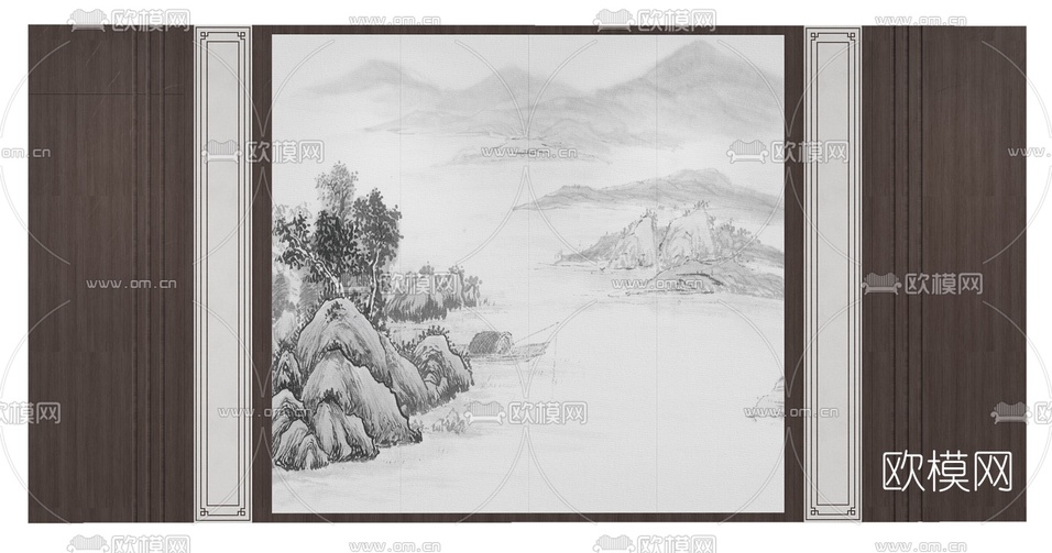 新中式山水背景墙3d模型下载(渲染图3)