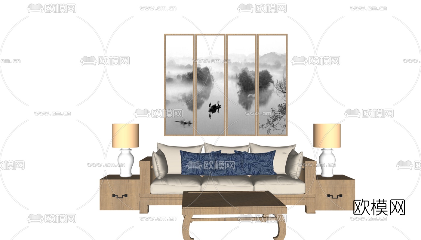 中式组合沙发su模型下载