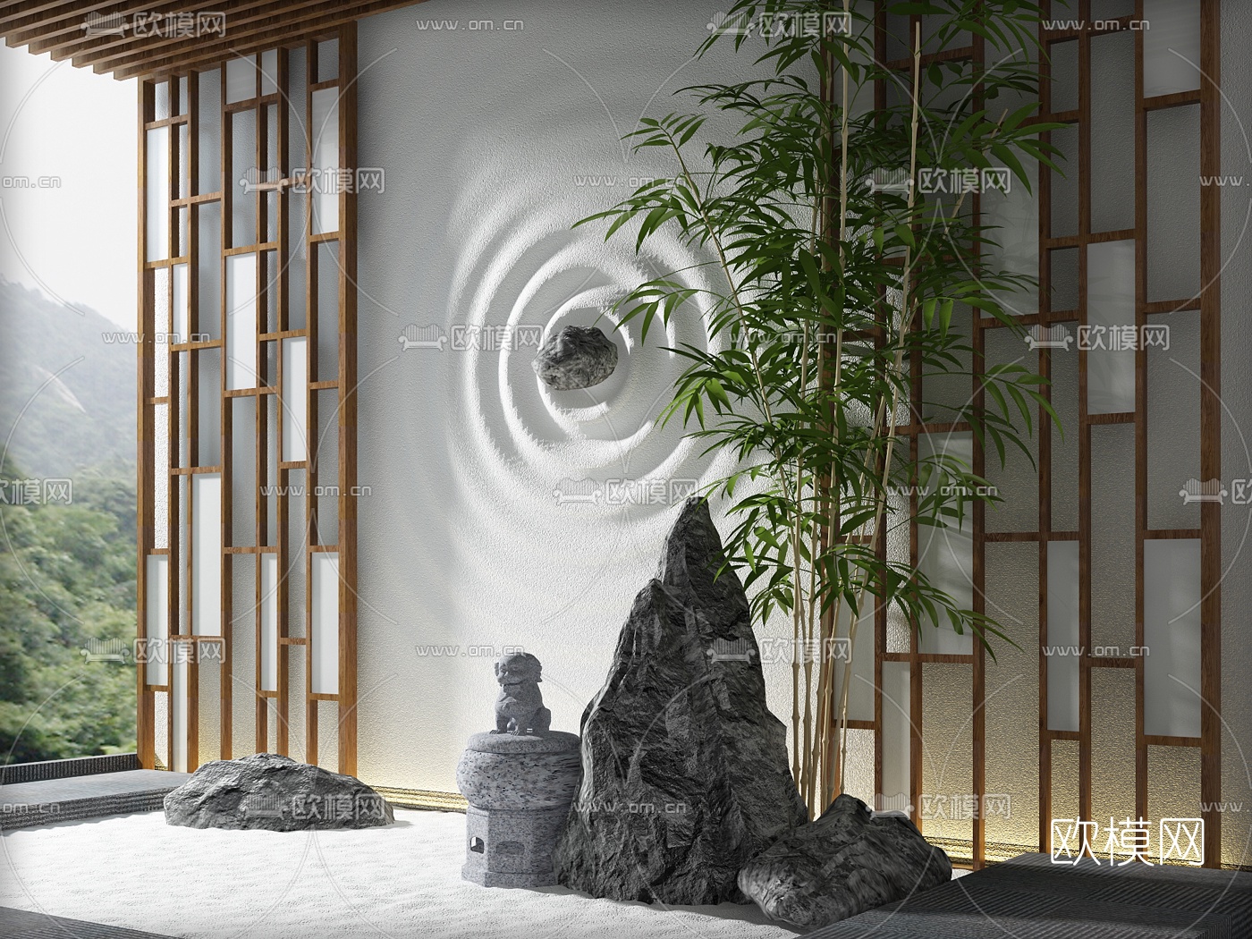 新中式假山竹子小景3D模型下载