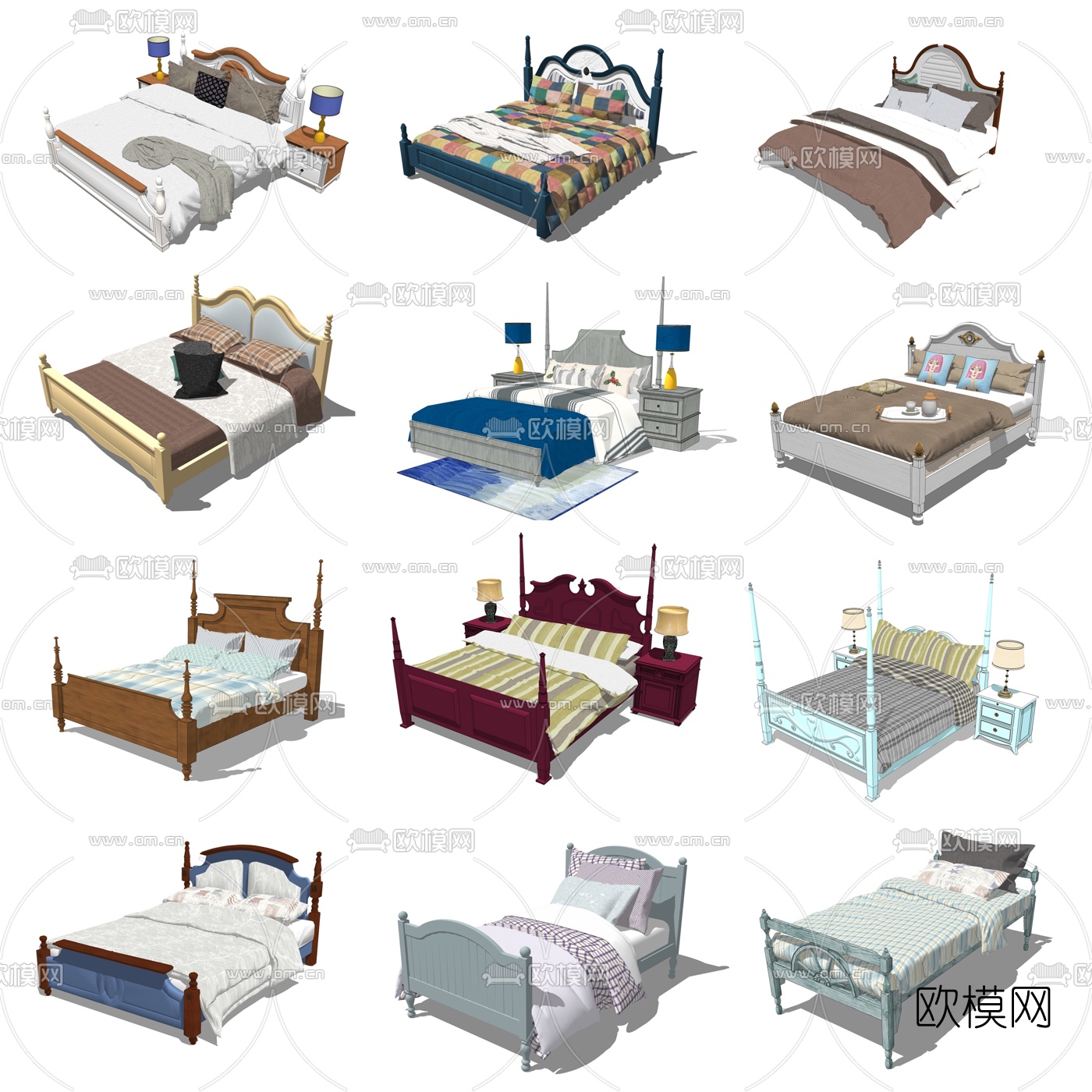 地中海双人床组合su模型下载