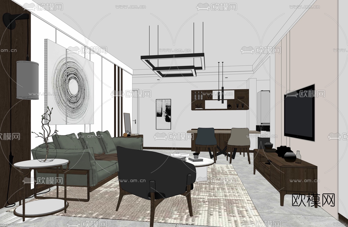 现代简约客厅餐厅su模型