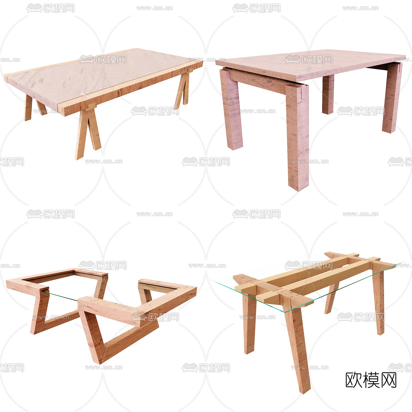 现代实木茶几餐桌组合3d模型下载