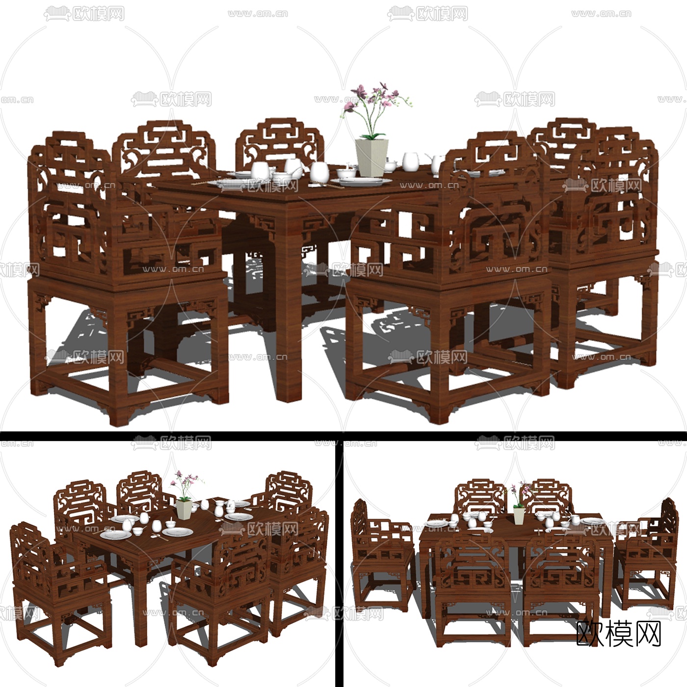 中式实木餐桌椅免费su模型下载（渲染图4）