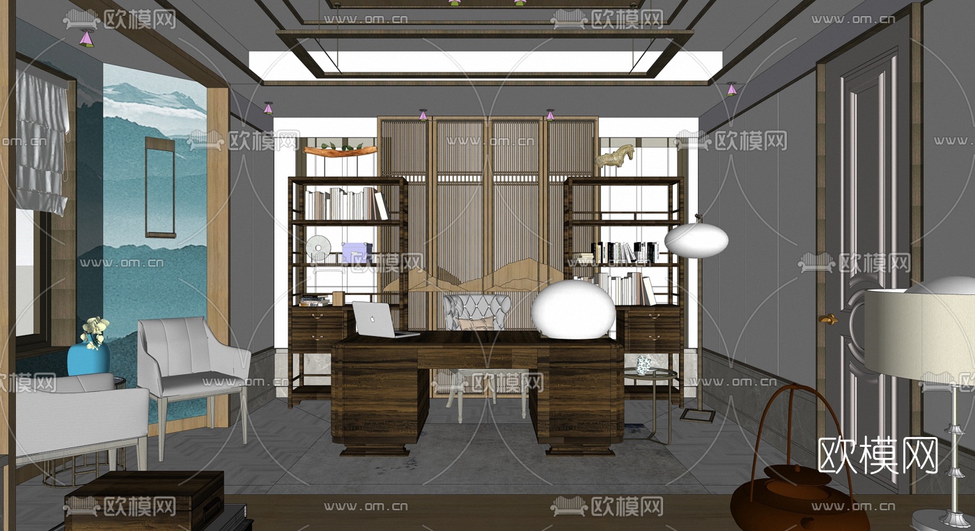 新中式书房su模型