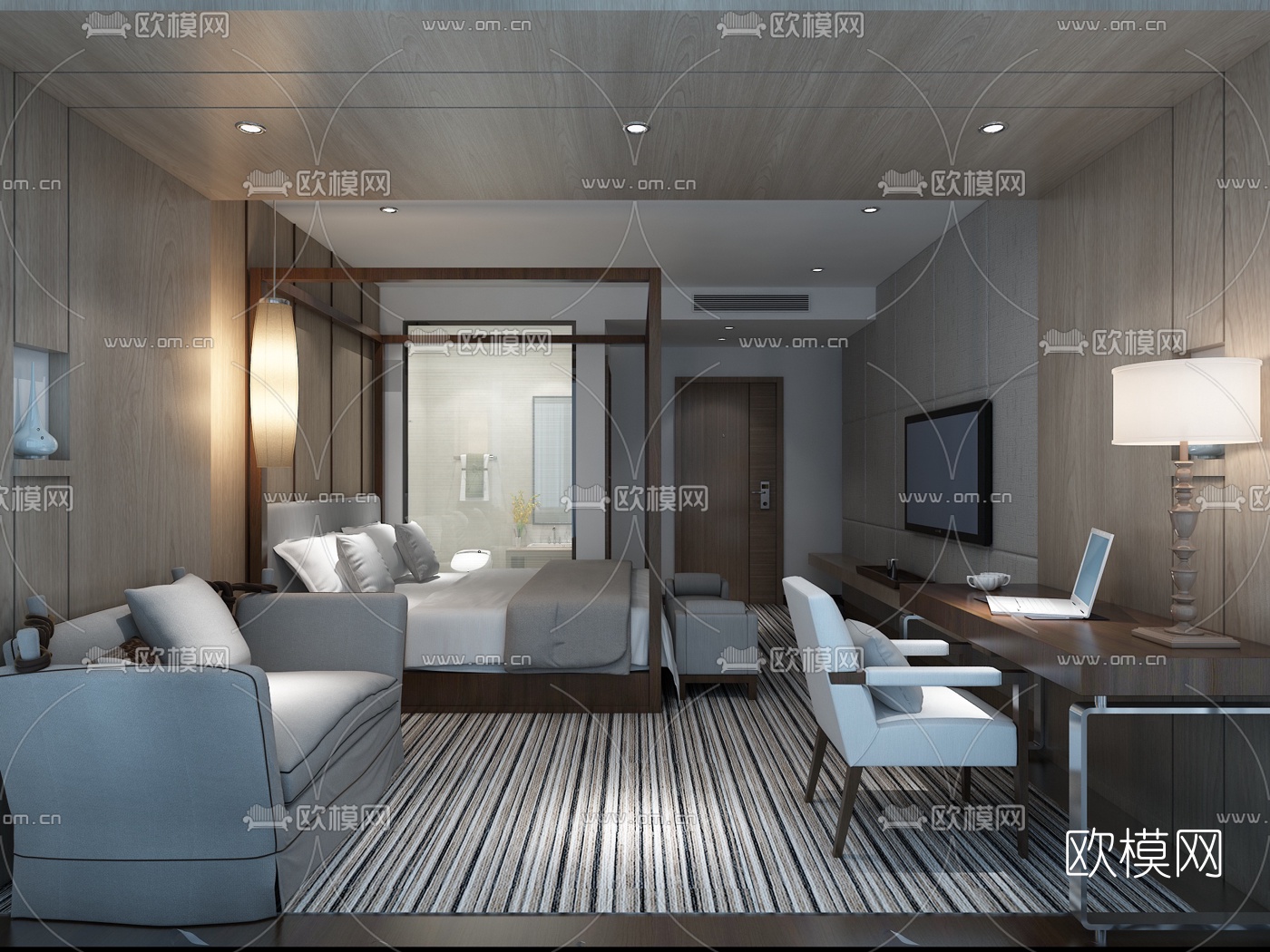 新中式酒店客房免费3d模型下载_ID10286236_3dmax免费模型-欧模网