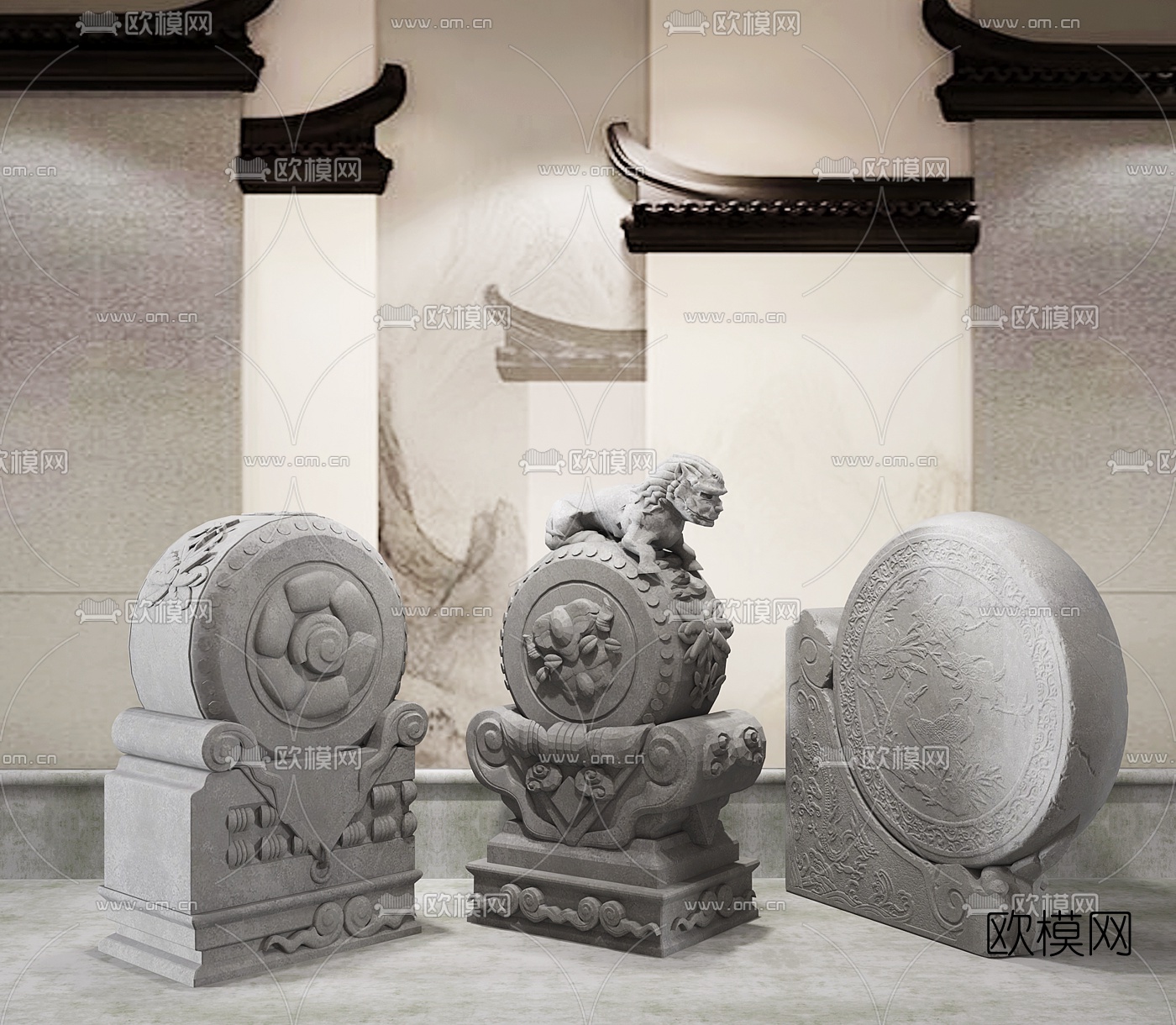  新中式抱鼓石雕塑组合3d模型