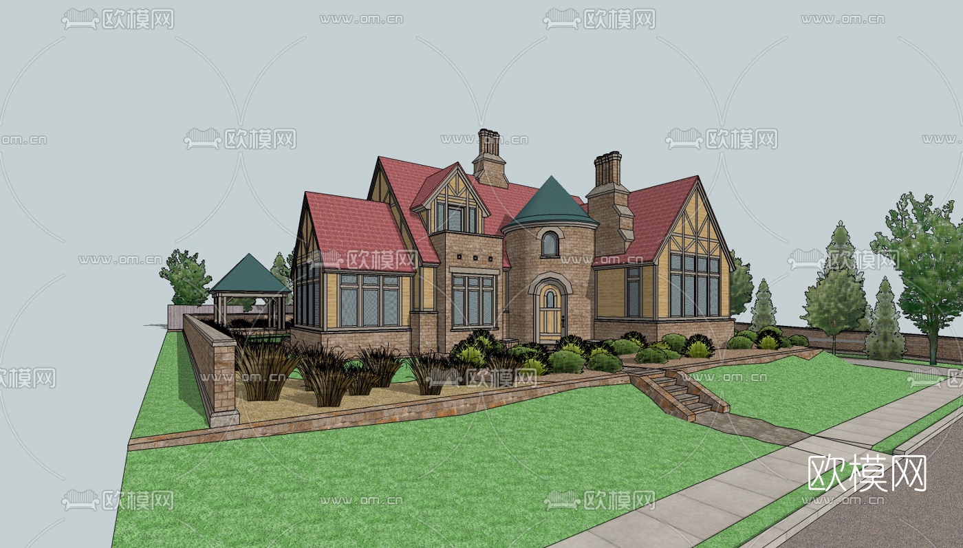 欧式独栋别墅su模型下载（渲染图2）