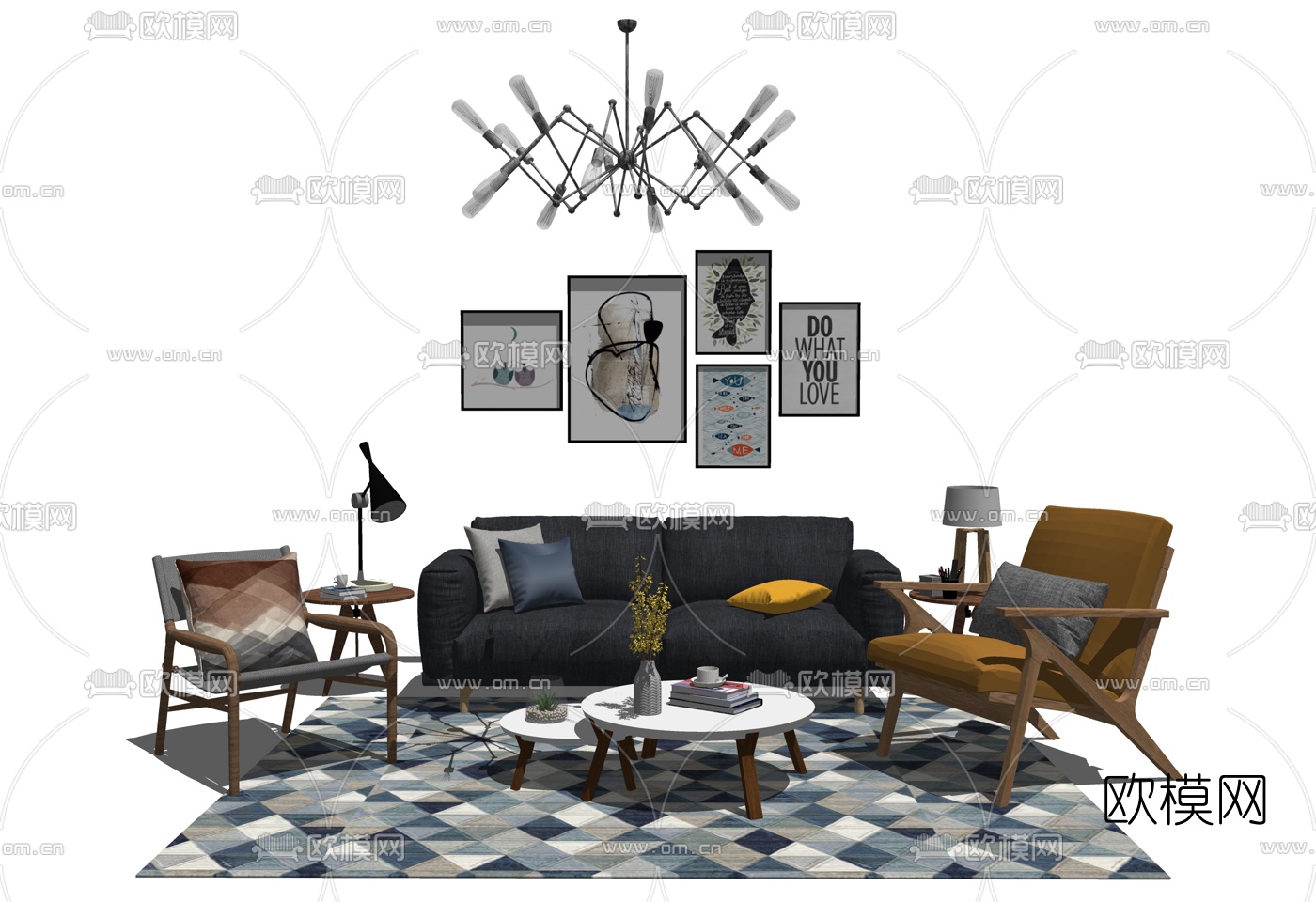 北欧沙发组合su模型下载（渲染图3）