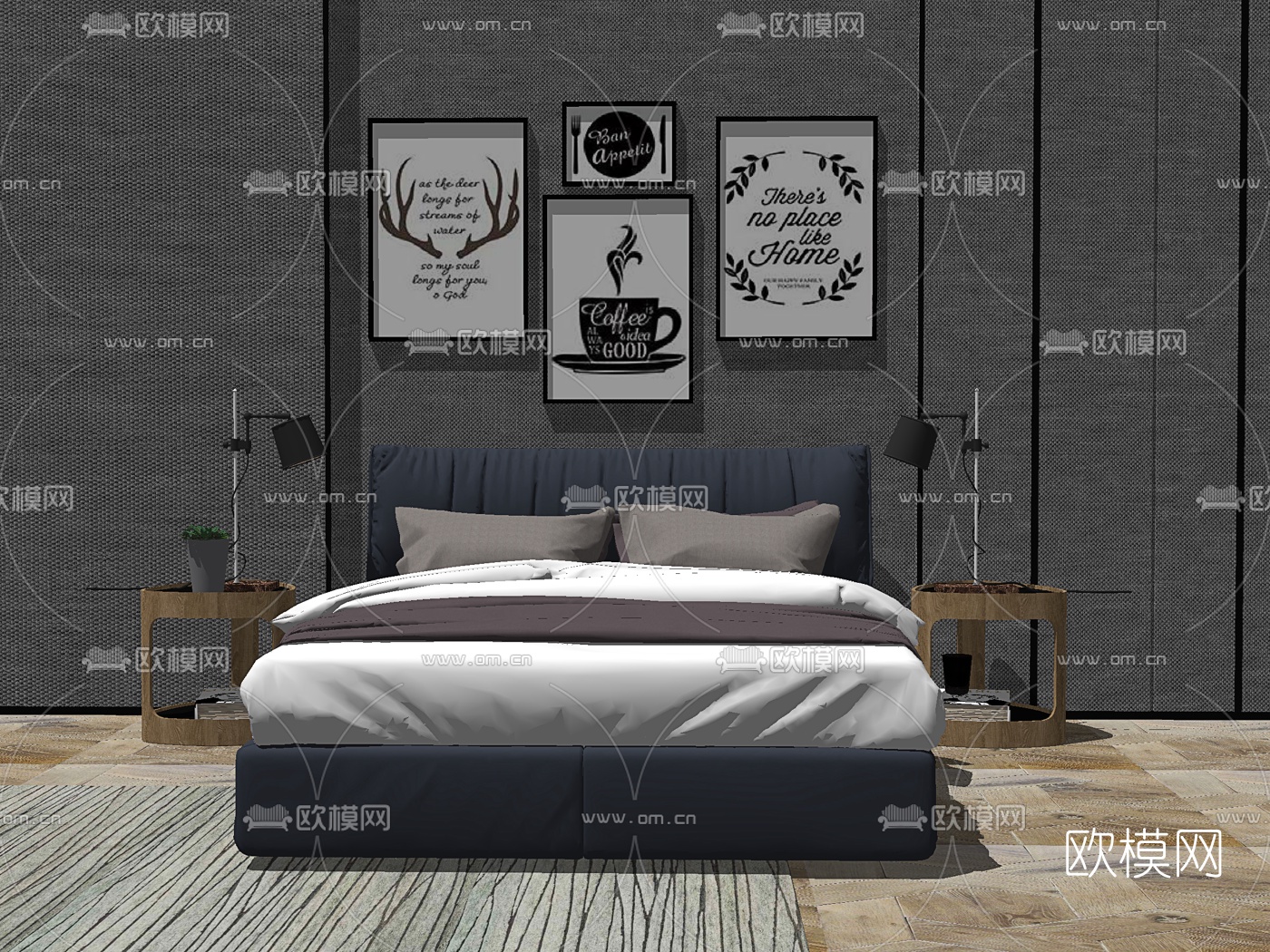 北欧双人床su模型下载