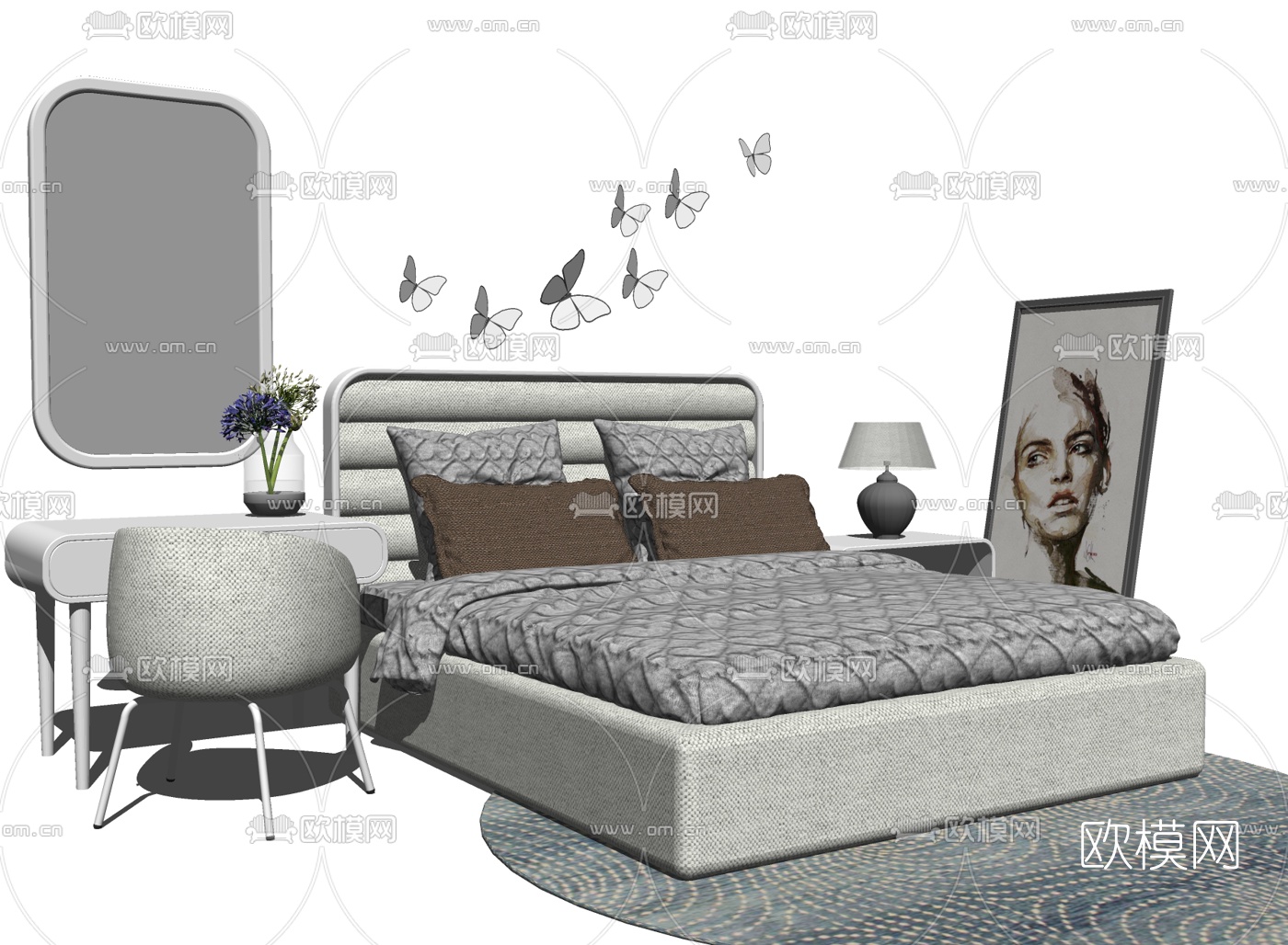 现代布艺双人床su模型下载（渲染图1）