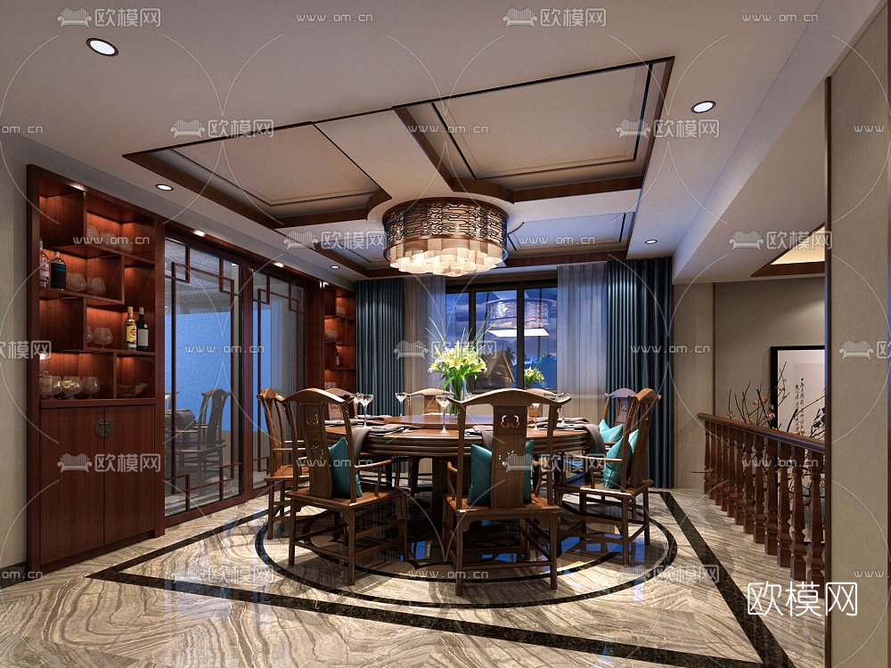 中式跃层客厅餐厅茶室组合3D模型