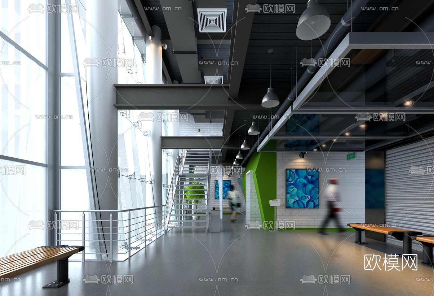 工业风办公室走廊通道3D模型-免费3dmax模型库-欧模网