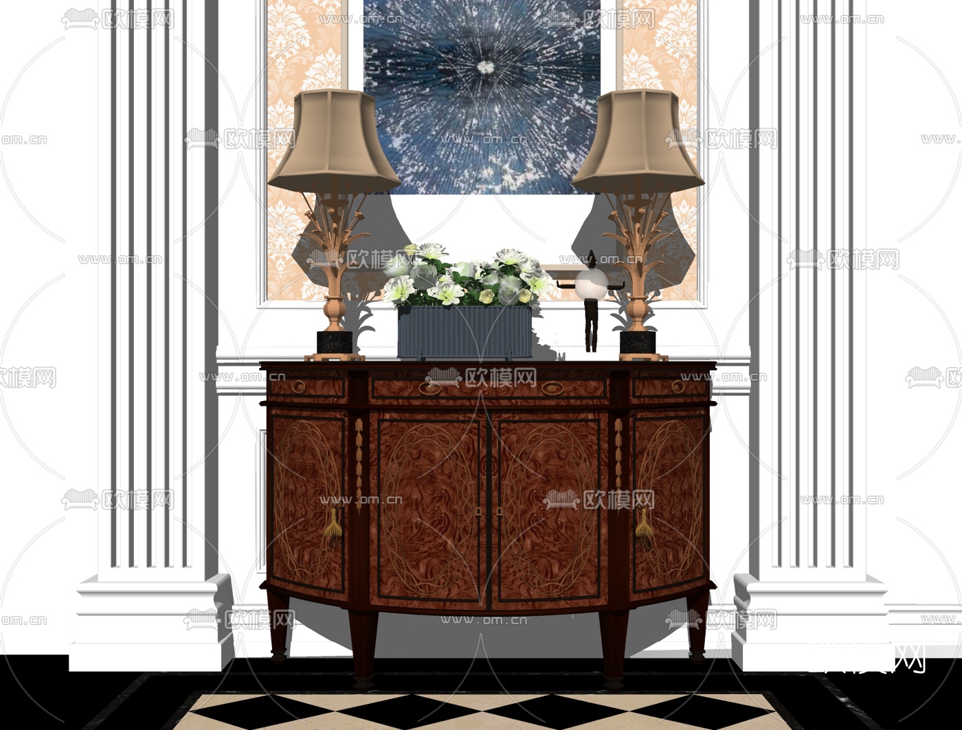 美式实木边柜组合su模型下载