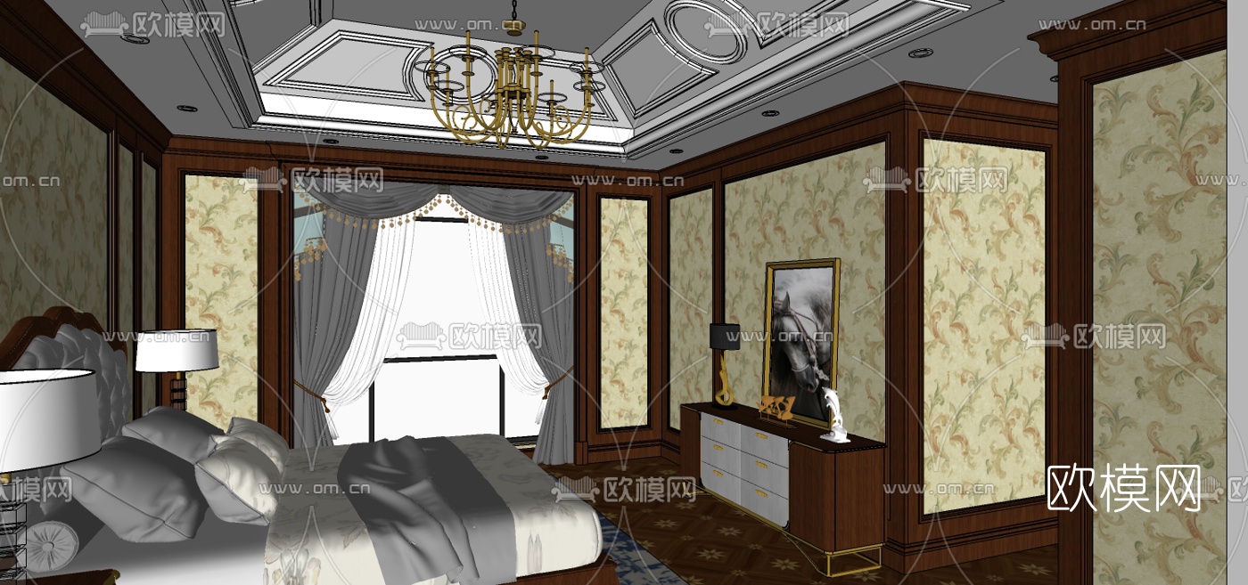 欧式古典卧室主人房su模型下载（渲染图5）