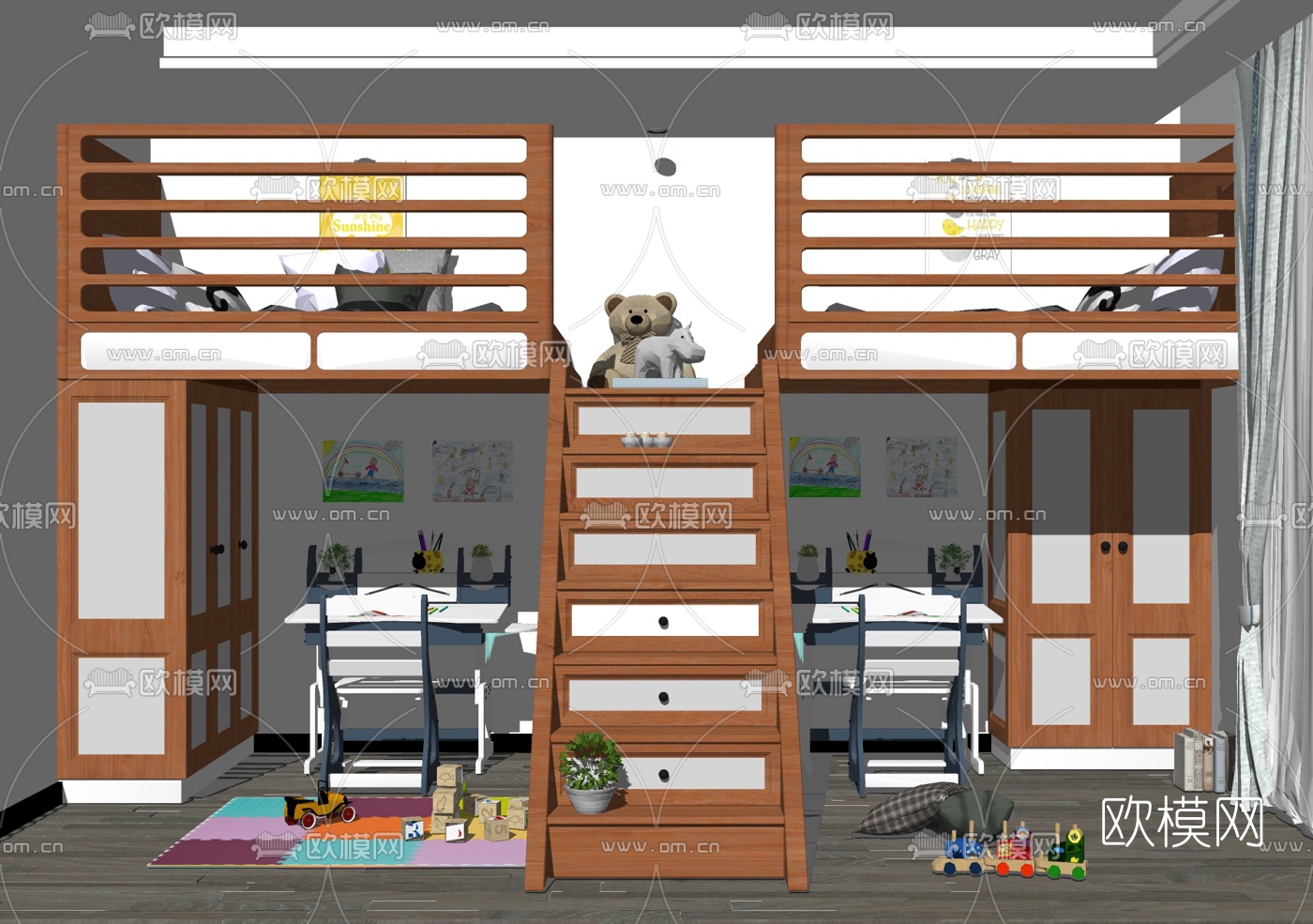 现代实木儿童床书桌su模型下载