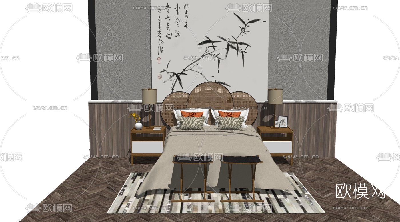 新中式双人床su模型下载