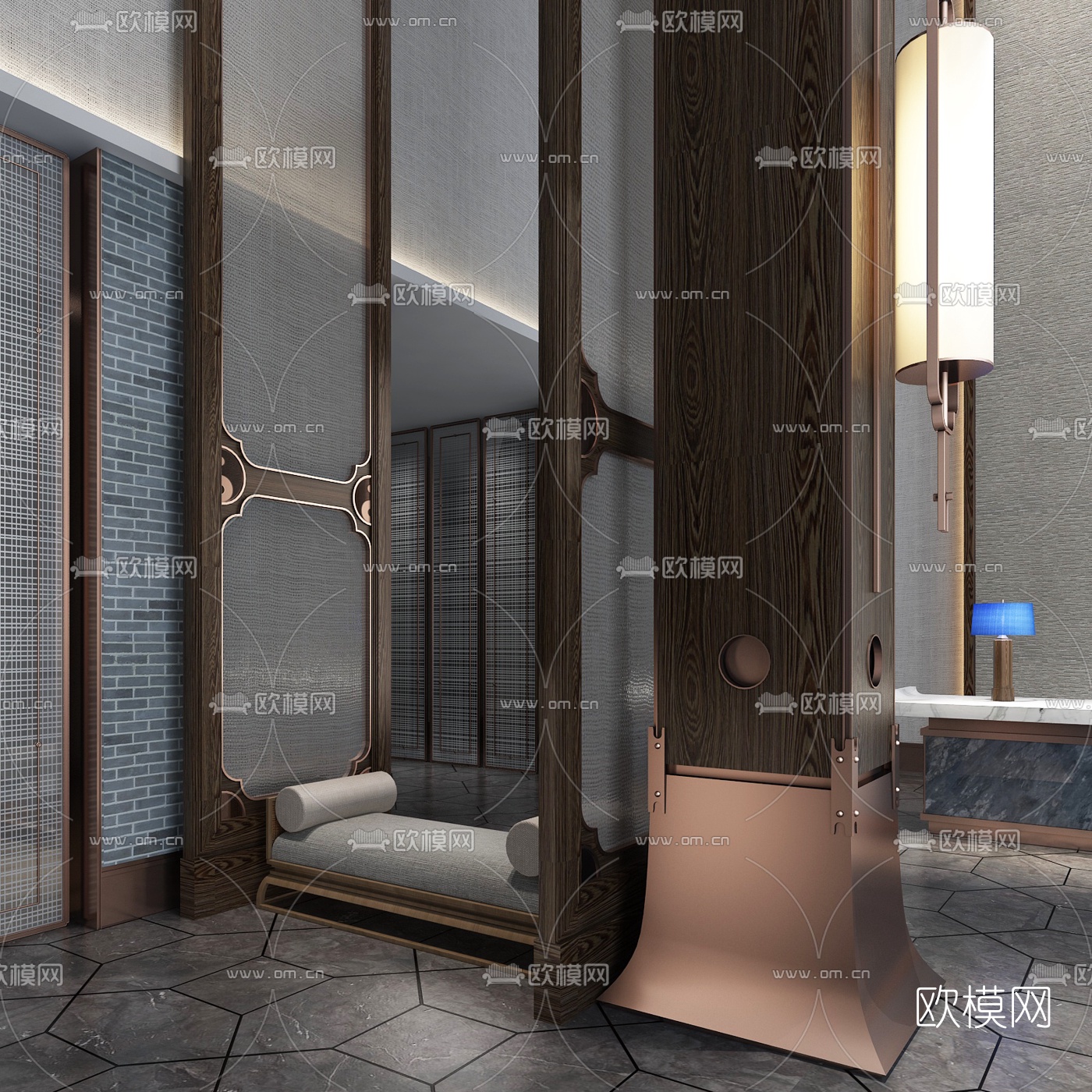 中式酒店大堂休息区3d模型