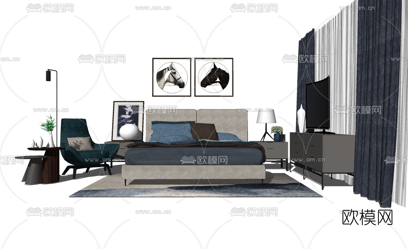 北欧双人床su模型下载（渲染图2）