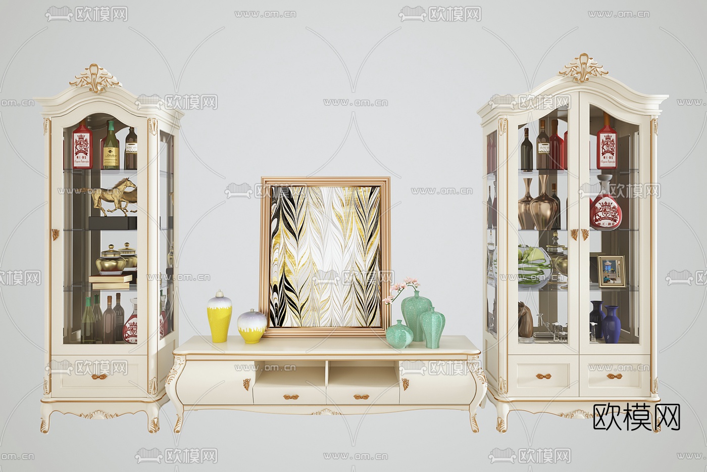欧式实木雕花电视柜摆件组合3D模型下载