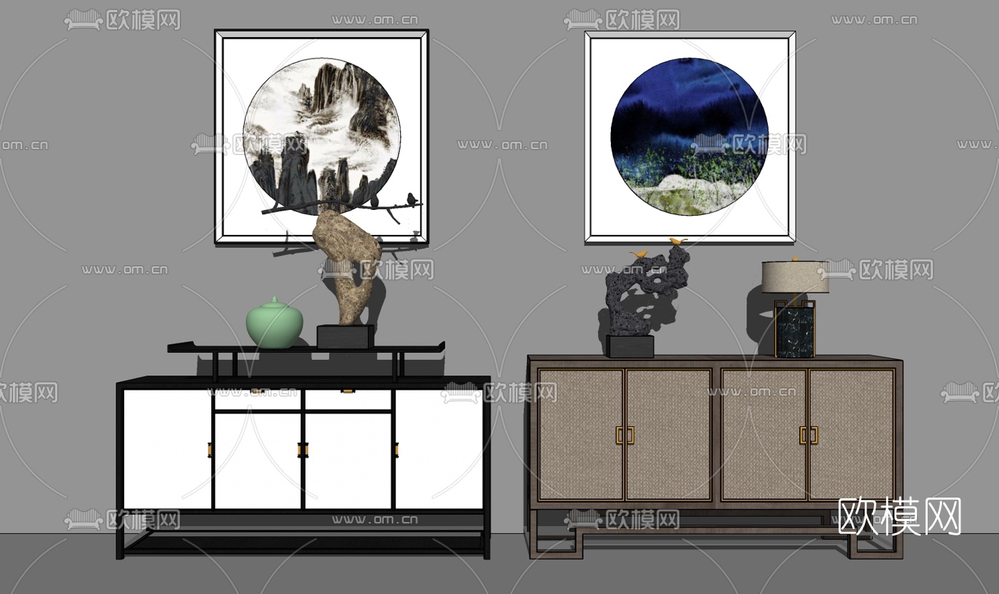 中式边柜组合su模型下载