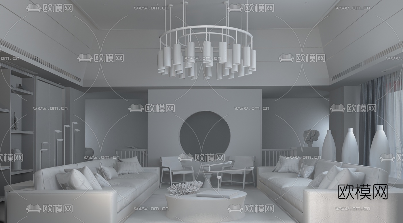曾建龙设计 中式客厅3D模型下载（渲染图2）
