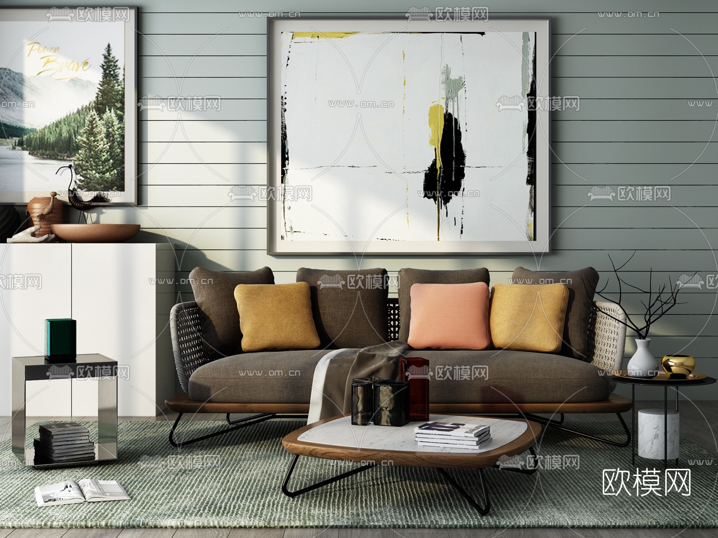 北欧沙发茶几边柜挂画摆件组合3D模型下载