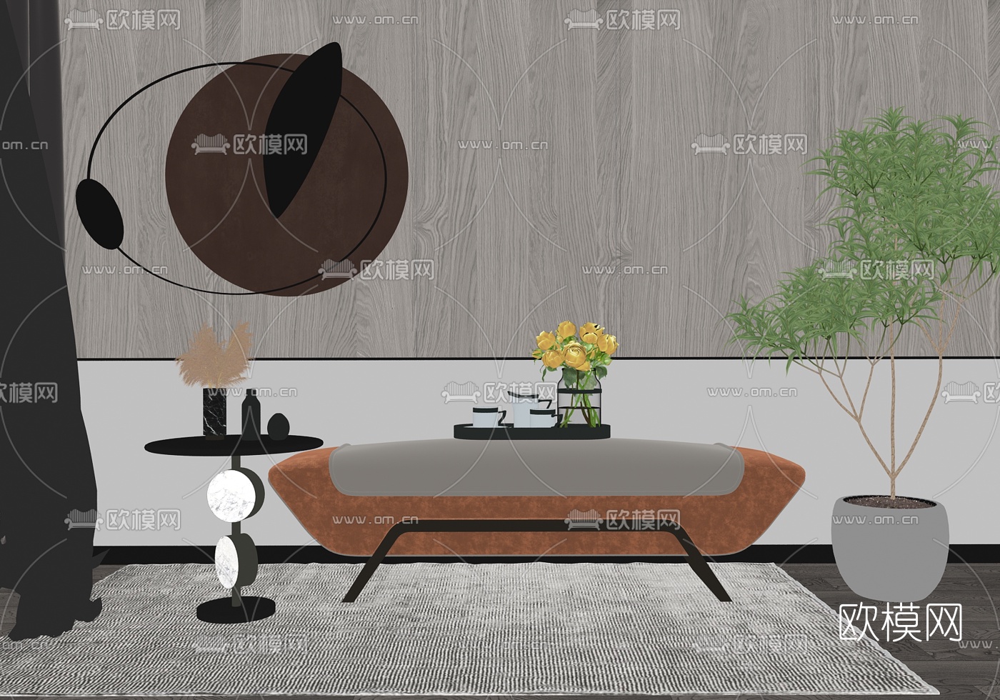 现代轻奢沙发凳床尾凳su模型下载（渲染图2）