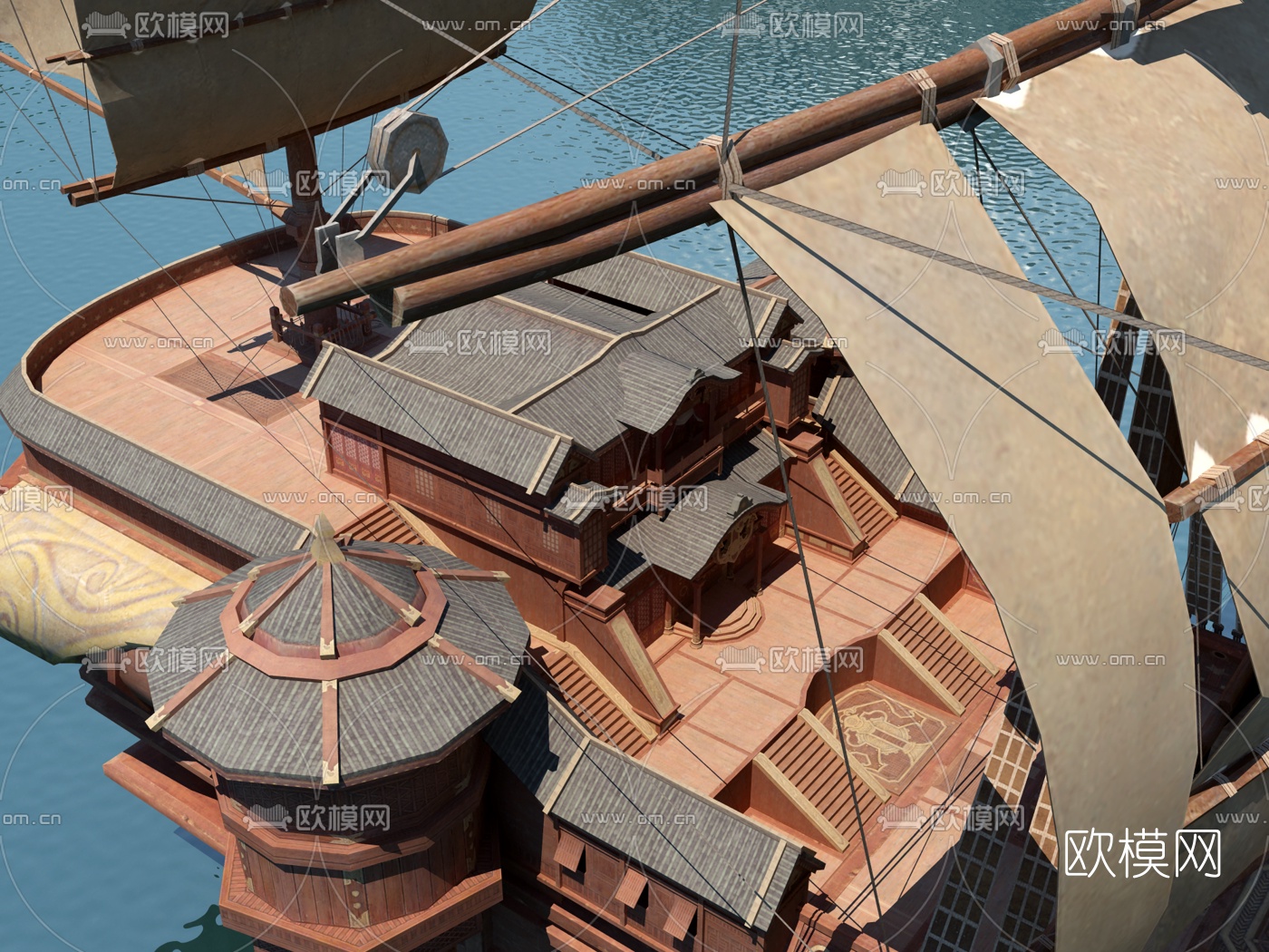 新中式运河宝船3d模型下载（渲染图3）