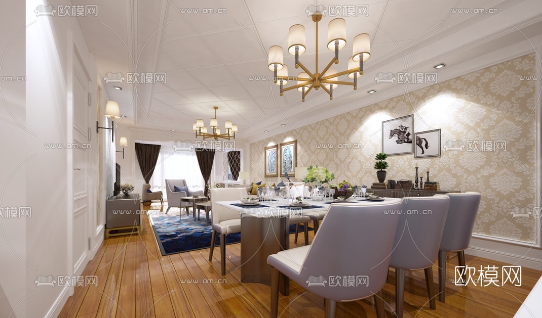 简欧客厅餐厅3D模型-免费3dmax模型库-欧模网