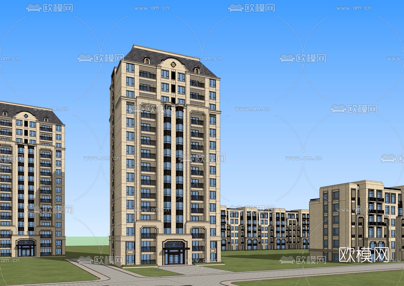 欧式高层住宅楼外观su模型
