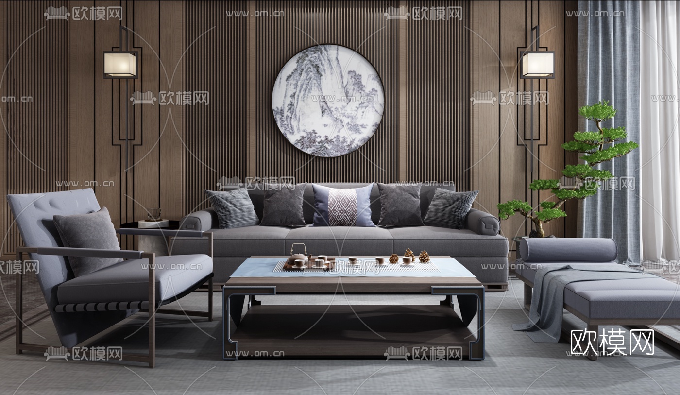 新中式布艺沙发组合3d模型-免费3dmax模型库-欧模网
