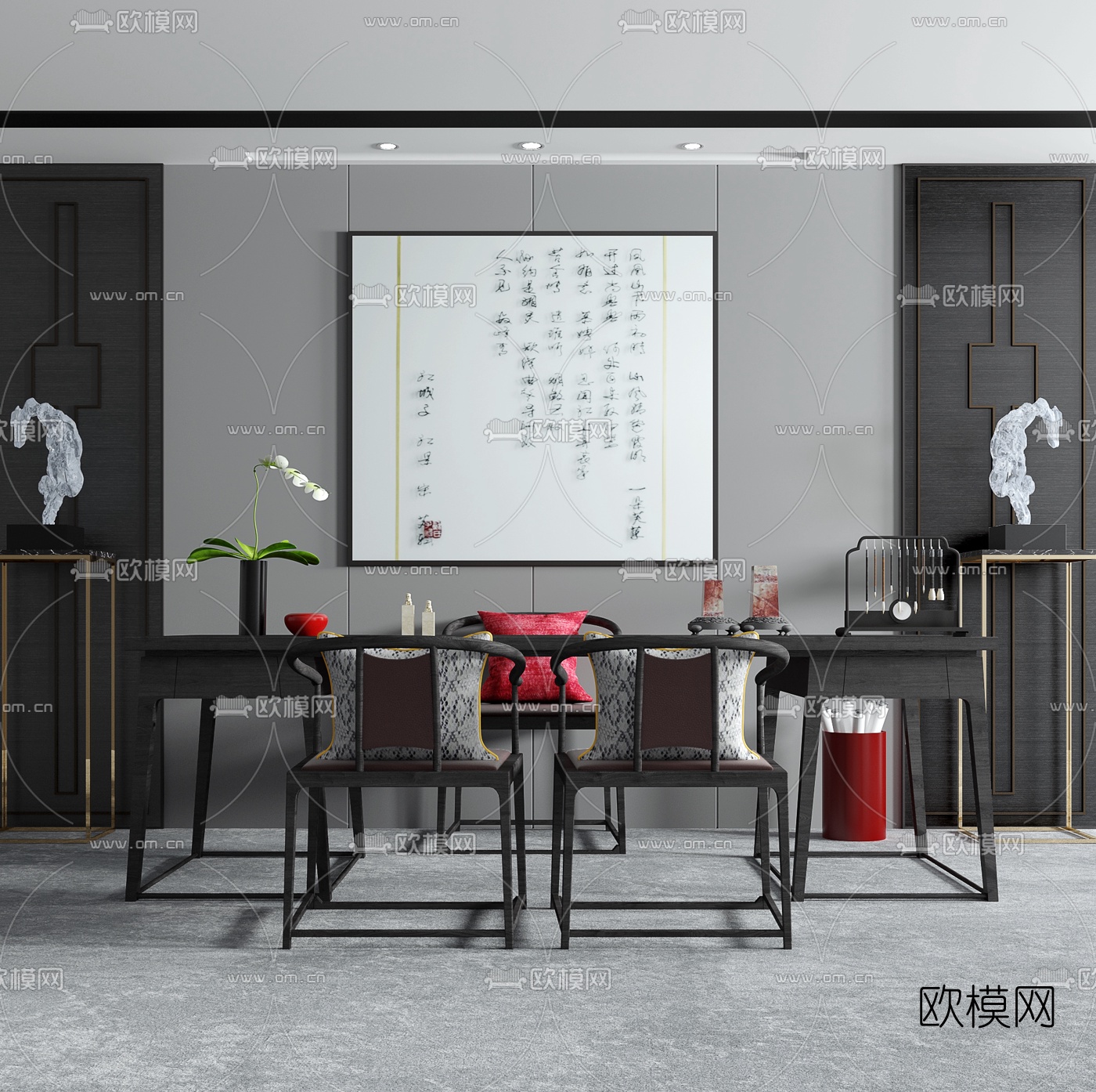 新中式实木书桌椅3d模型下载