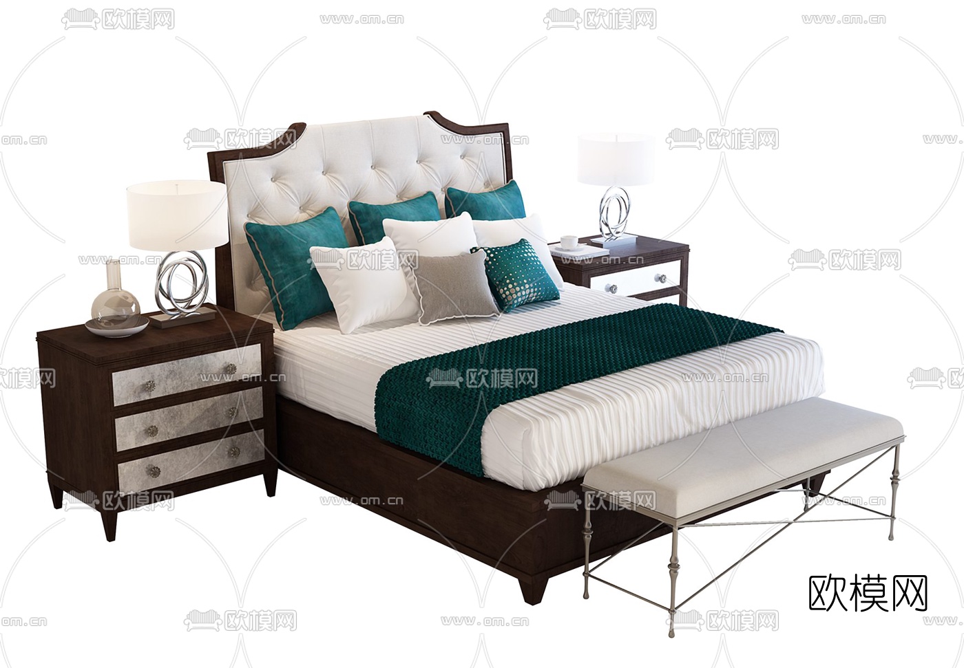 美式双人床床头柜床尾凳组合3D模型下载（渲染图1）