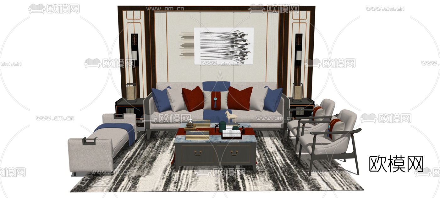 新中式皮革沙发组合su模型下载（渲染图1）