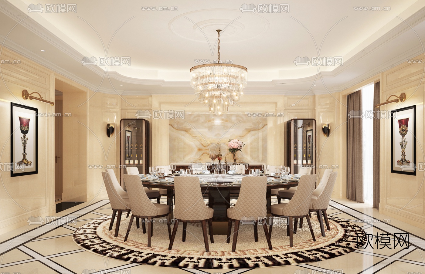 简欧轻奢客厅餐厅3d模型下载（渲染图2）