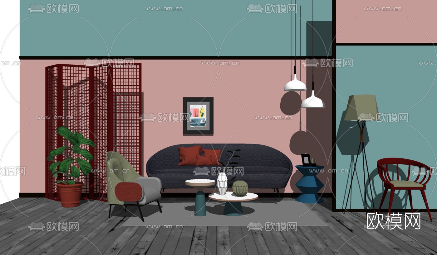 北欧沙发组合su模型下载（渲染图2）