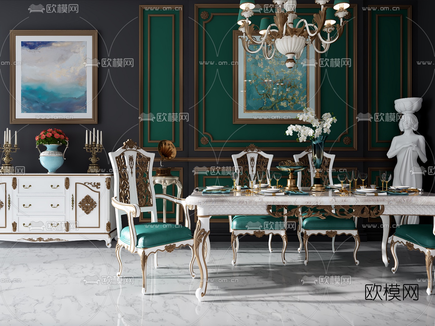 欧式餐桌椅餐具边柜吊灯组合3D模型下载（渲染图1）