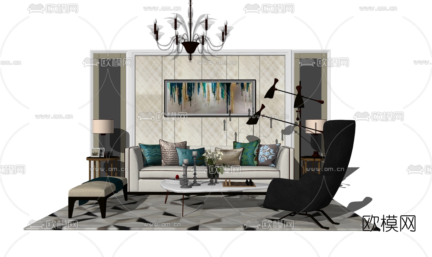 简欧沙发组合su模型下载