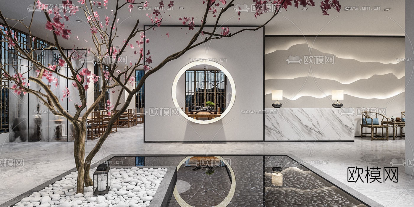 新中式大堂淬梅小景休息区3d模型