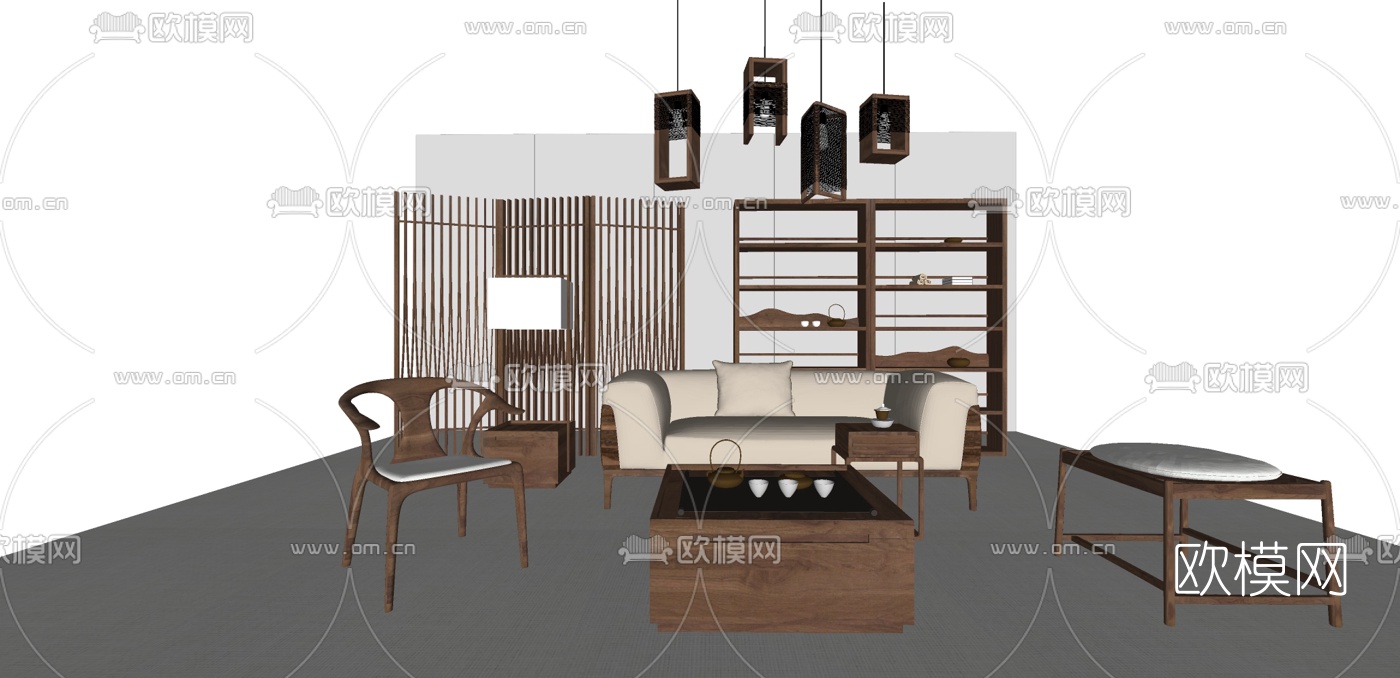 新中式沙发组合su模型下载（渲染图2）