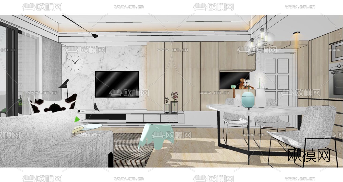 北欧客餐厅su模型下载（渲染图5）