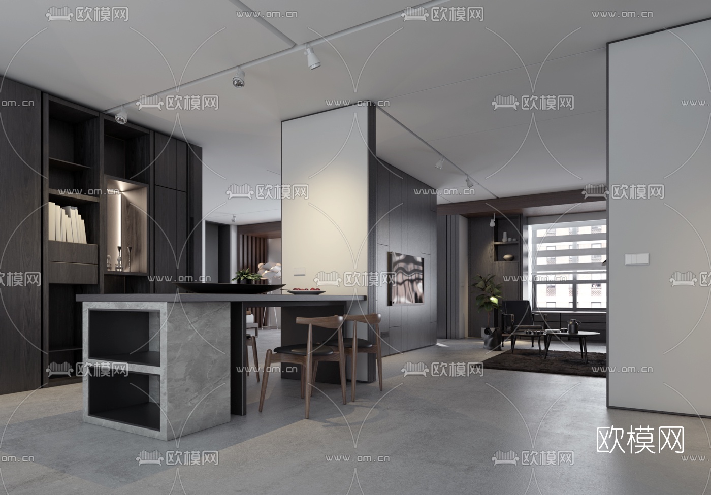 现代高级灰客厅餐厅3d模型