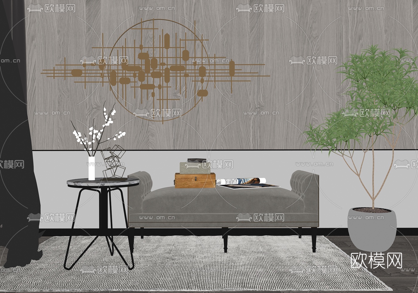 现代轻奢沙发凳su模型下载（渲染图2）