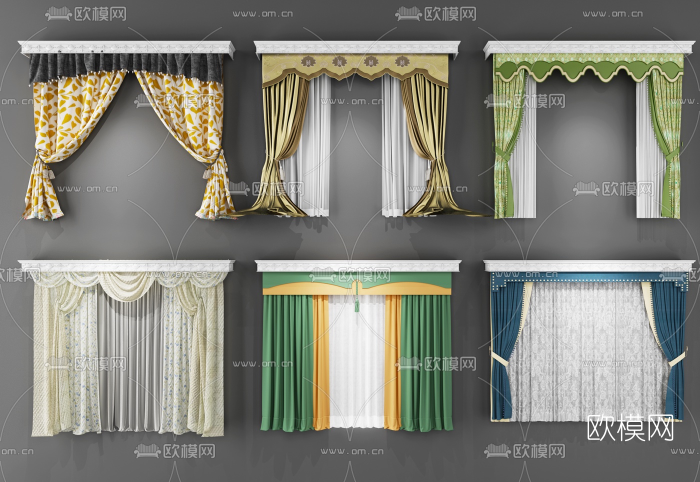 简欧布艺窗帘3d模型下载